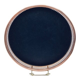 Vintage Raised Edge Copper Serving Tray With Leather Inset Top and Wood Grain Bottom For Sale