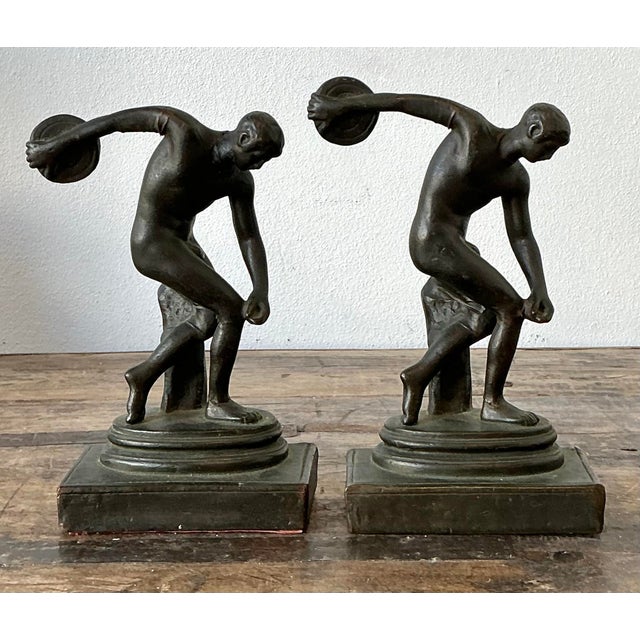 Art Deco Vintage Patinated Cast Brass Disc Thrower Bookends - A Pair For Sale - Image 3 of 12