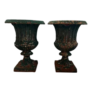 Antique 19th Century American Classical Cast Iron Garden Urns With Green Paint - a Pair