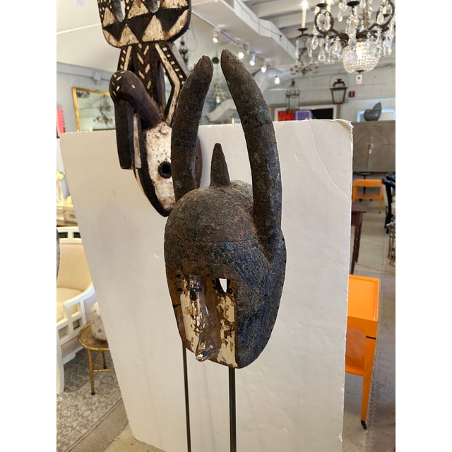 Collection of African Carved Wood Masks on Tall Custom Iron Stands For Sale - Image 11 of 16