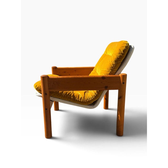 Mid-Century Modern Danish Modern Solid Pine Lounge Armchair | New Canvas Sling & Mustard Velvet Cushion | C. 1970s For Sale - Image 3 of 11