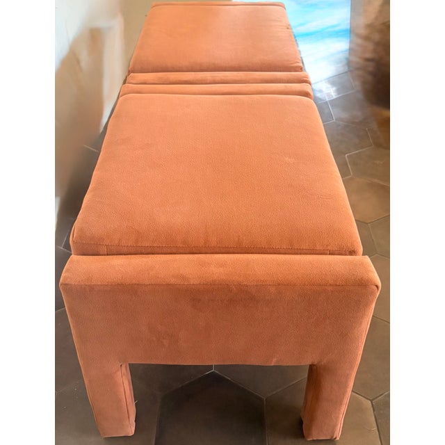 Burnt Umber Pair of Burnt Umber Velvet Milo Baughman Style Parsons Ottomans, by West Elm For Sale - Image 8 of 12