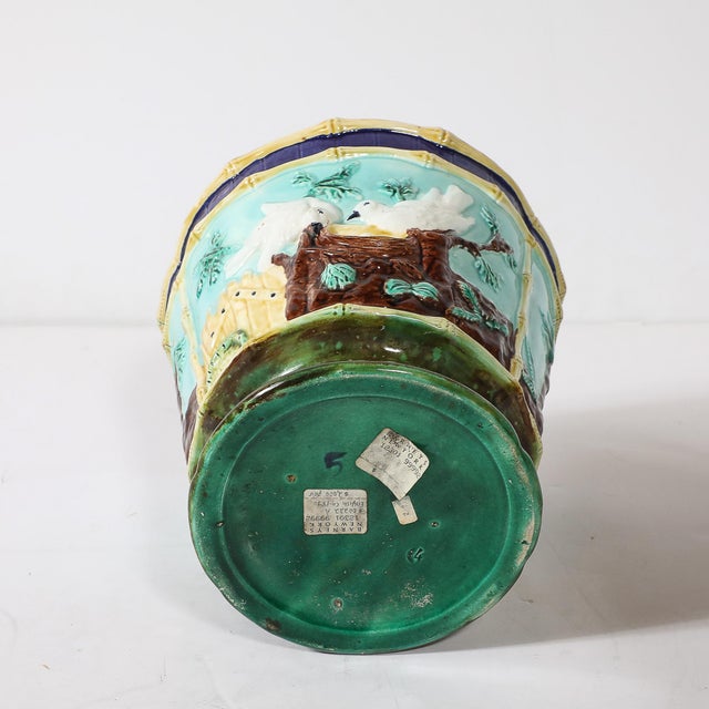Pair of Signed Majolica Ceramic Cachepots W/ Birds, Nests & Bamboo Border Detail For Sale - Image 14 of 18