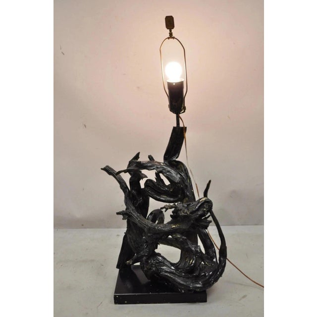Vintage Mid Century Modern Large Driftwood Wooden Black Sculptural Table Lamp. Item features solid driftwood construction,...
