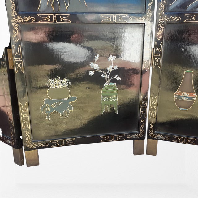 Vintage Chinese Black Lacquer 4-Panel Folding Screen, Hand-Painted Chinoiserie Room Divider For Sale - Image 4 of 10