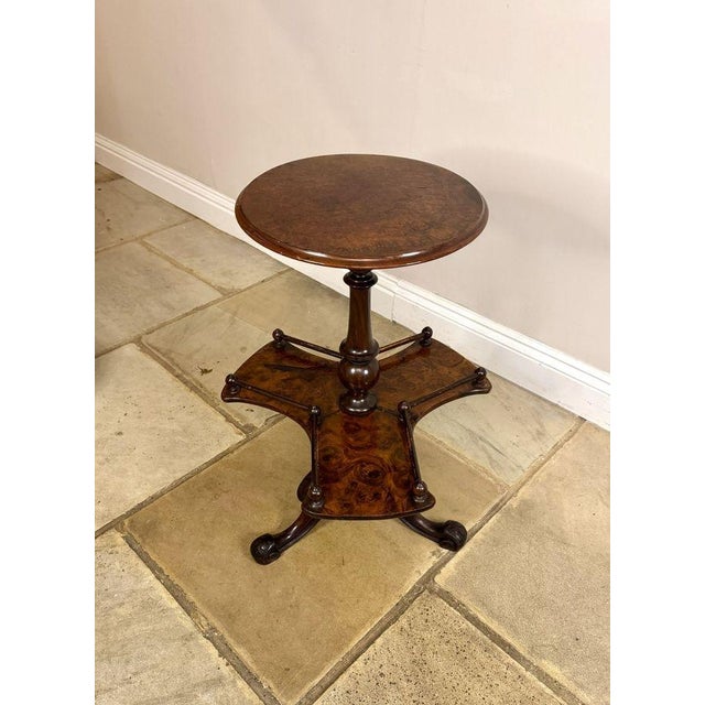 Fine quality antique Victorian burr walnut lamp table, having a quality antique Victorian burr walnut lamp table with a...