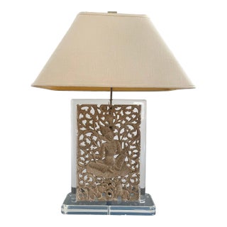 Balinese Carved Panel Table Lamp in Lucite Frame With Brass Hardware For Sale