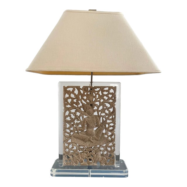 Balinese Carved Panel Table Lamp in Lucite Frame With Brass Hardware For Sale