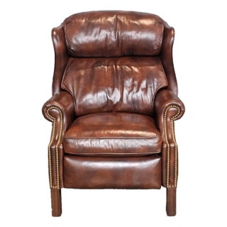 Late 20th Century Share Hancock & Moore Brown Leather Mahogany Chippendale Style Wing Chair Recliner For Sale