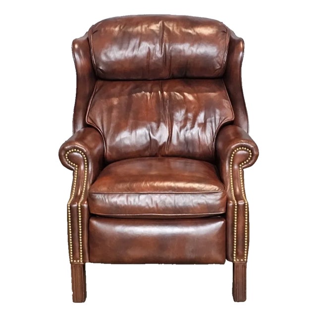 Late 20th Century Share Hancock & Moore Brown Leather Mahogany Chippendale Style Wing Chair Recliner For Sale