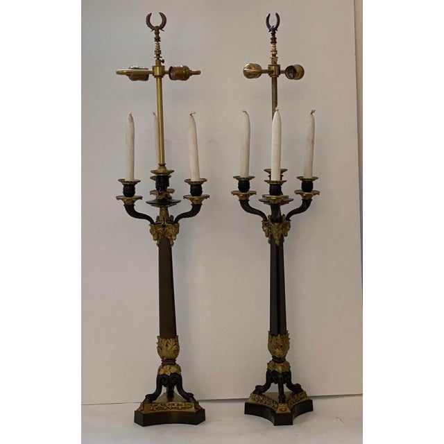 Pair of French Empire Revival Candelabra Lamps Bronze For Sale - Image 4 of 13