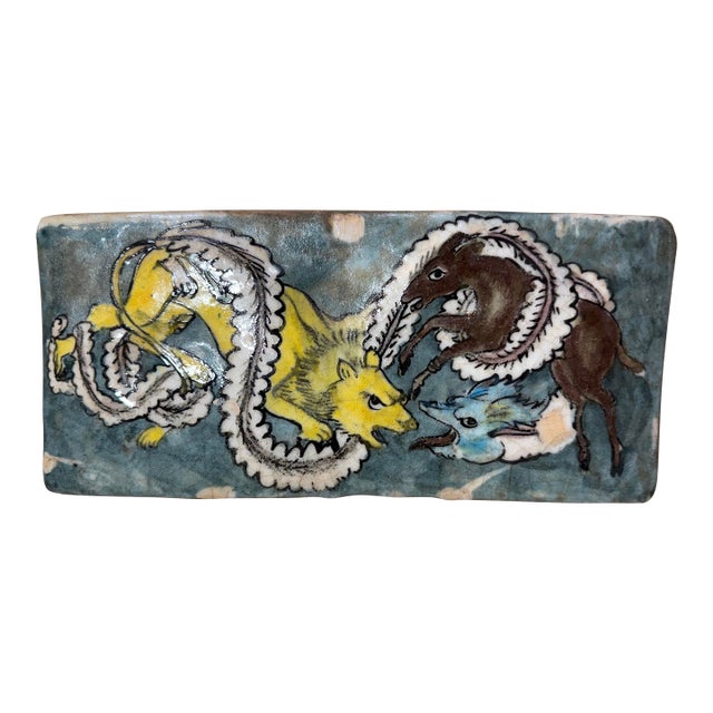 Antique 1800's Hand Painted Middle Eastern Lion Horse Pottery Majolica Wall Tile For Sale
