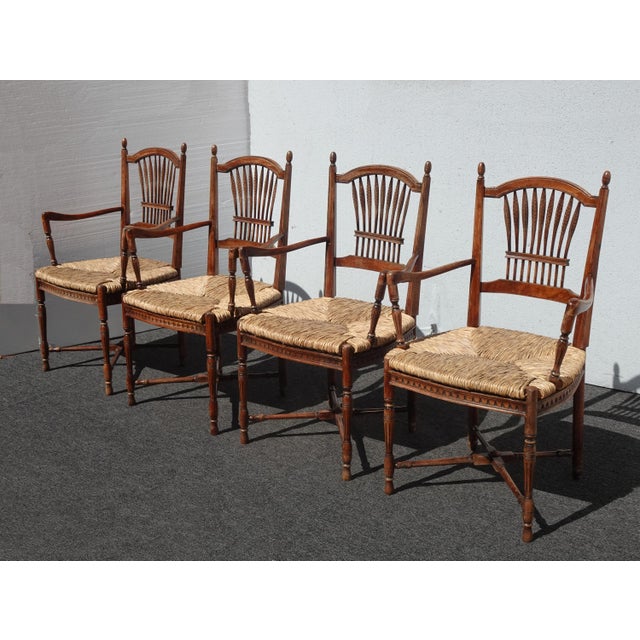 French Country Set of Four Vintage Rustic French Country Rush Seat Wheat Sheaf Arm Chairs For Sale - Image 3 of 13