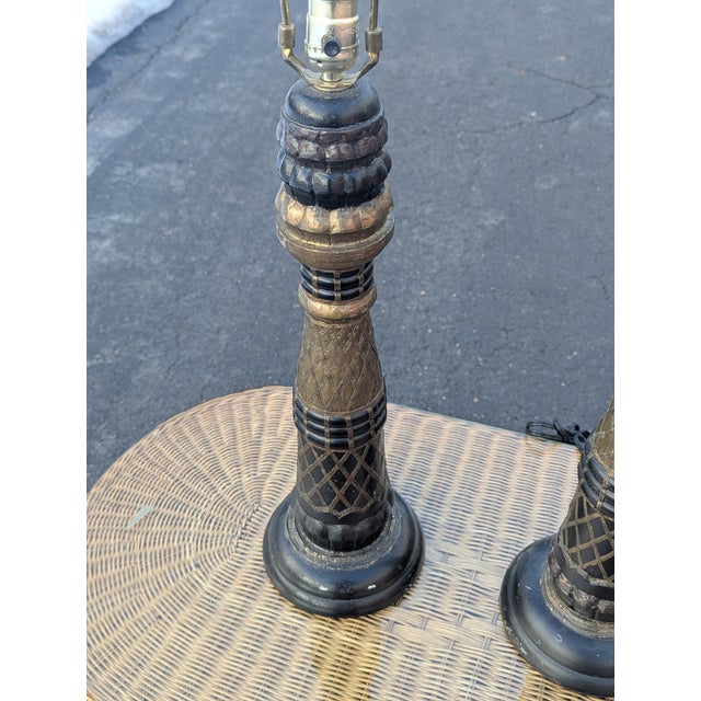 Wood Vintage Unique Ornate Art Deco Style Table Lamps - a Pair For Sale - Image 7 of 12