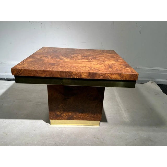 Milo Baughman 1970s Modern Burlwood Pattern Formica With Brass Trim Tables - A Pair For Sale - Image 4 of 7