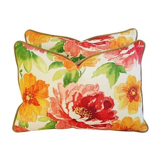 Colorful Floral Lumbar Pillows - Pair For Sale