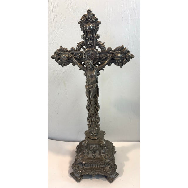 Italian Gorgeous Free Standing Pewter Crucifix For Sale - Image 3 of 10