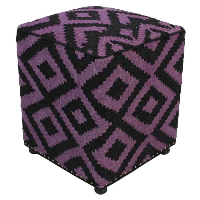 Boho Chic Black/Purple Handmade Kilim Upholstered Ottoman For Sale - Image 11 of 11
