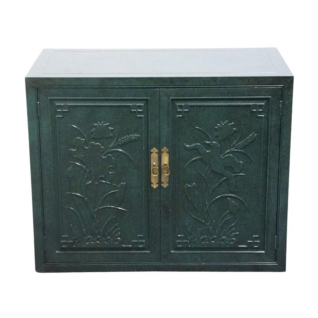 Chinoiserie Henredon Furniture Green Asian Chinoiserie Faux Malachite 36" Storage Cabinet W. Embossed Floral Detail For Sale - Image 3 of 17