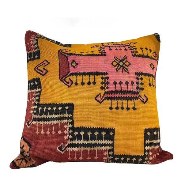 1970s Custom Made Old Turkish Tribal Kilim Pillow Cover 24" by 24" For Sale - Image 5 of 7