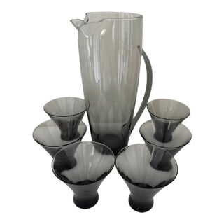 1960s Mid-Century Modern Morgantown Glass “Normandie” Smoke Gray Pitcher & Six Glasses - 7 pcs For Sale