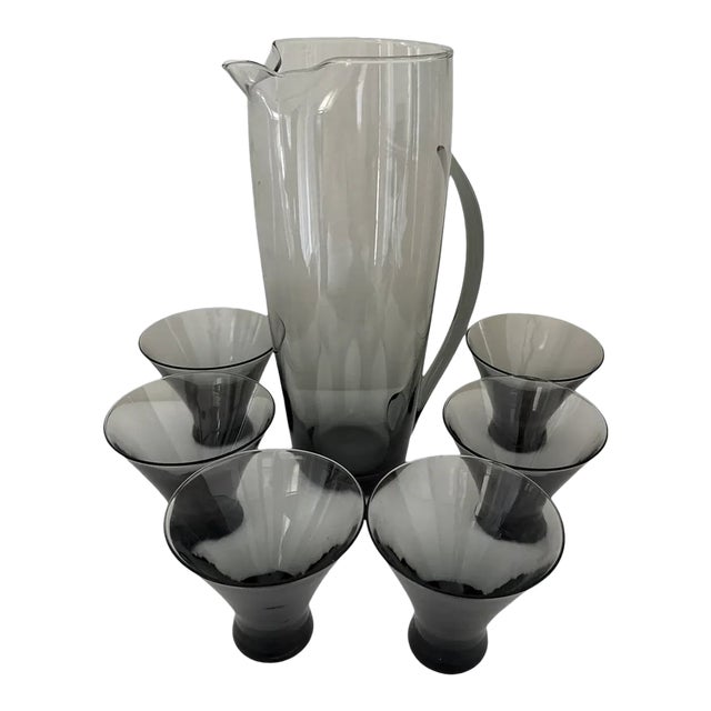 1960s Mid-Century Modern Morgantown Glass “Normandie” Smoke Gray Pitcher & Six Glasses - 7 pcs For Sale
