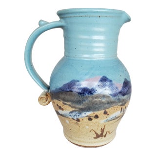 1980s Studio Pottery Blue Ceramic Stoneware Pitcher For Sale