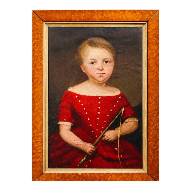 English School Antique Folk Art Oil Painting Portrait in Burr Wood Frame Home Wall Decor For Sale