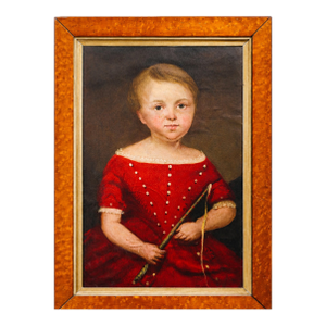 English School Antique Folk Art Oil Painting Portrait in Burr Wood Frame Home Wall Decor
