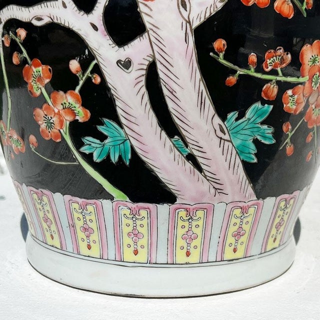 Chinoiserie Famille Noire Black Dragon Vase With Pink and Green Floral Motif For Sale - Image 4 of 6