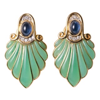 Vintage Chrysoprase, Sapphire & Diamond Leaf Earrings 18k Yellow Gold, A Pair For Sale