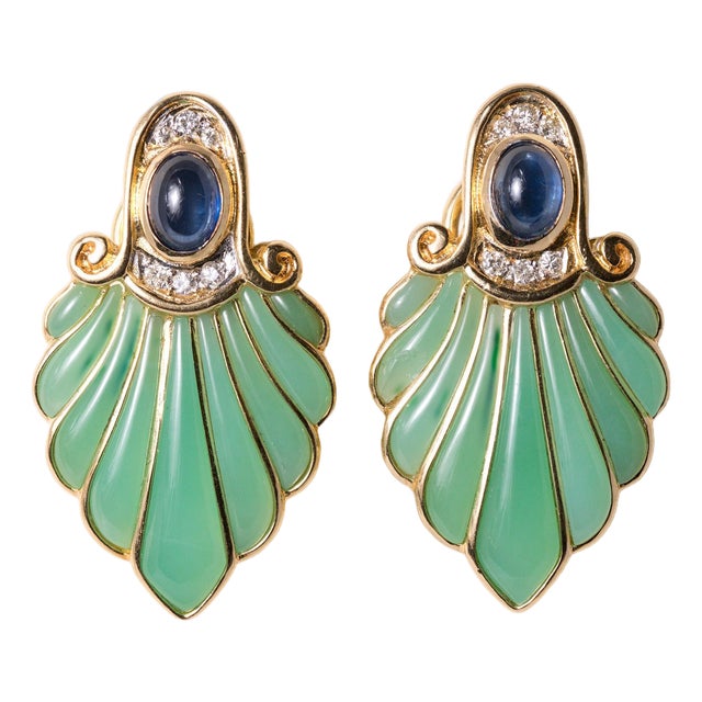 Vintage Chrysoprase, Sapphire & Diamond Leaf Earrings 18k Yellow Gold, A Pair For Sale