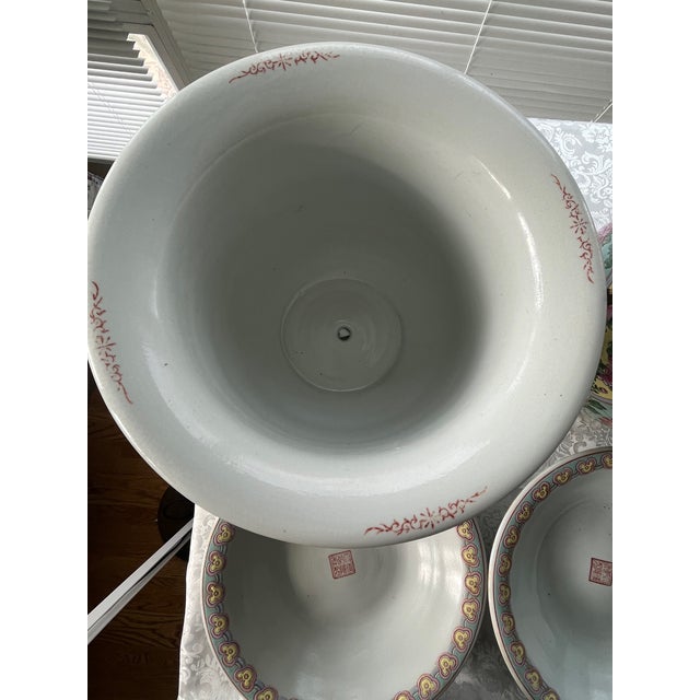 Pair Large 13" Chinese Famille Jaune Phoenix Porcelain Planters & Trays-Heavy For Sale - Image 11 of 11