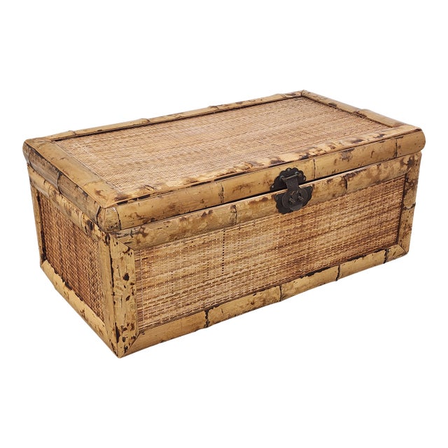 Mid Century Asian Bamboo & Rattan Trunk For Sale