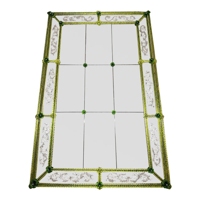Contemporary Modern Green Venetian Mirror Hand-Carved Murano Glass For Sale