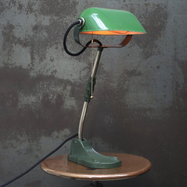 Vintage Industrial Green Enamel Banker Light For Sale - Image 4 of 8