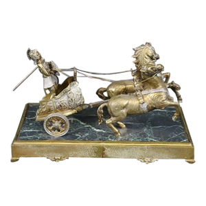 Stunning Bronze and Marble Roman Soldier on Chariot With Horses