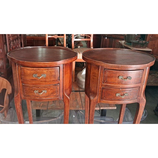 Louis XV Style Drum-Shaped Bedside Tables in Cherrywood and Marquetry, 1950s, Set of 2 For Sale - Image 3 of 6