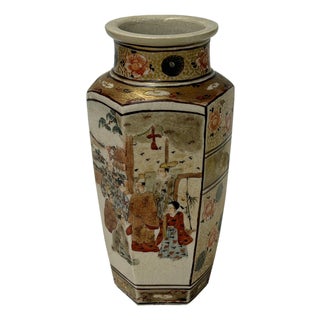 6" Asian Satsuma Style Hexagonal Figures Painted Porcelain Art Vase For Sale