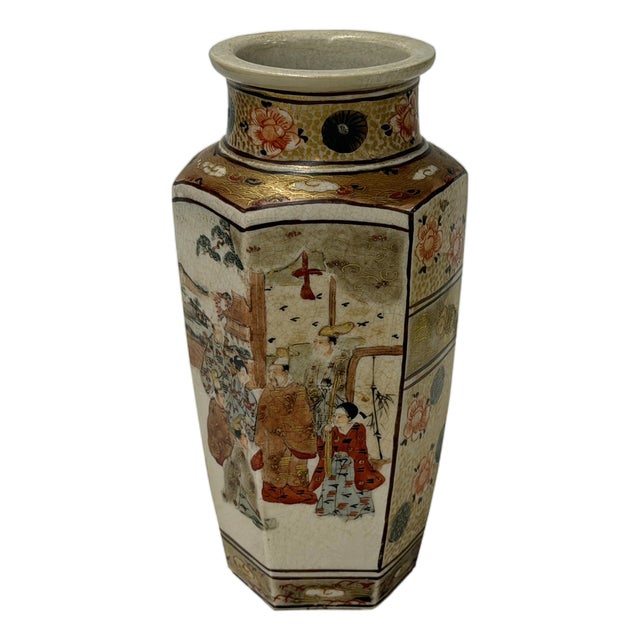 6" Asian Satsuma Style Hexagonal Figures Painted Porcelain Art Vase For Sale