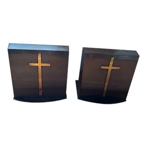 Vintage Bronze Bookends With Gold Brass Cross - A Pair