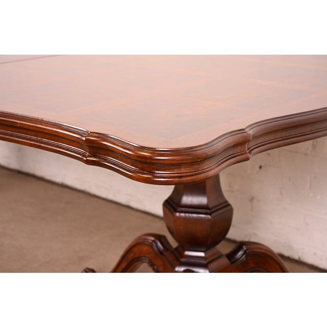 Baker Furniture Style French Regency Walnut and Burl Wood Double Pedestal Extension Dining Table, Newly Refinished For Sale - Image 11 of 14