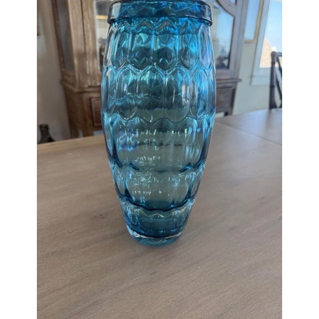 Glass Blown Art Glass Vase Teal Blue With Pattern in Glass 11” For Sale - Image 7 of 10