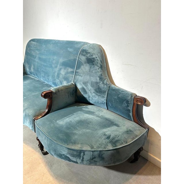 Antique Victorian Style Blue Velvet Sofa For Sale - Image 3 of 6