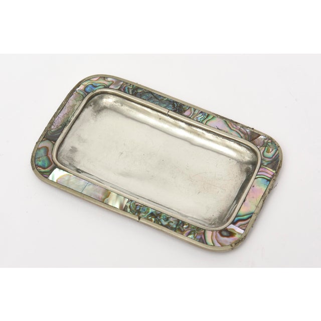 Vintage Small Alpaca Silver and Abalone Salt and Pepper Shakers With Tray For Sale - Image 4 of 9