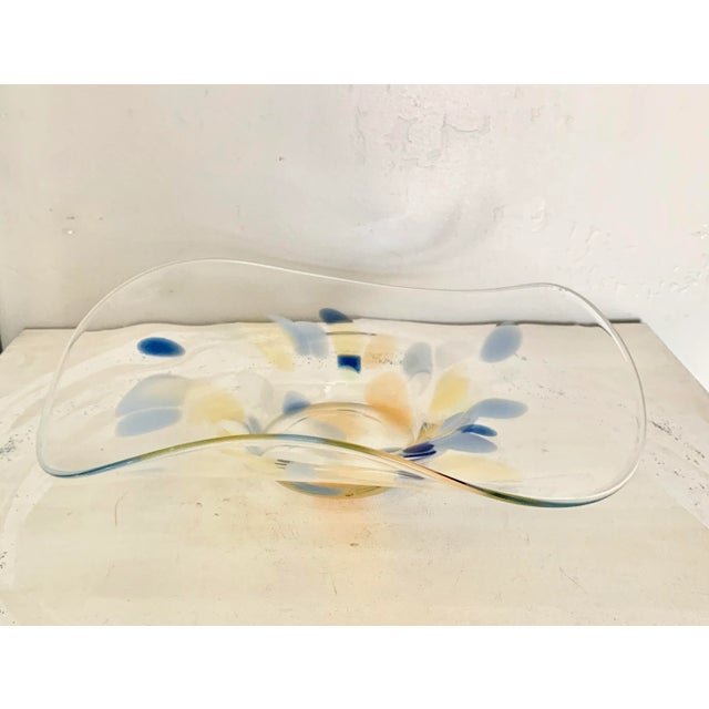 Abstract Modern Clear Glass Centerpiece Bowl With Yellow and Blue Design For Sale - Image 3 of 6