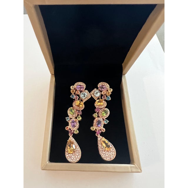 Bochic Vintage Cascading "Capri" Multi Natural Gem Earrings 18K Gold & Silver For Sale - Image 14 of 18