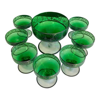 Vintage Green Hand Painted Champagne Coupe Set- 8 Pieces For Sale