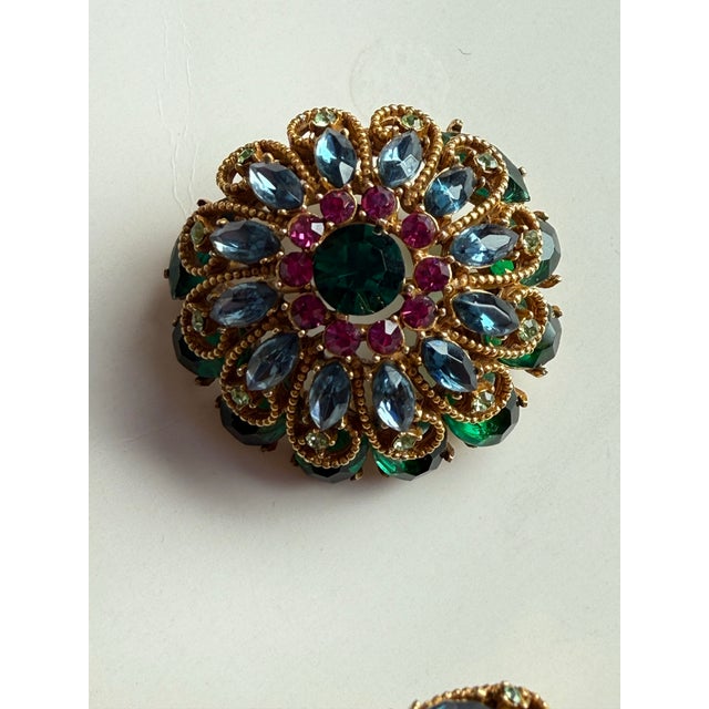 Vintage Signed Capri Demi-Parure – Multi-Layer Rhinestone Floral Dome Brooch/Pendant & Matching Hinged Cuff Bracelet For Sale - Image 10 of 12