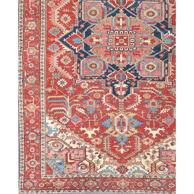 Early 20th Century Antique Persian Serapi Carpet in Warm Red Ivory and Blue With Geometric Design For Sale - Image 4 of 13